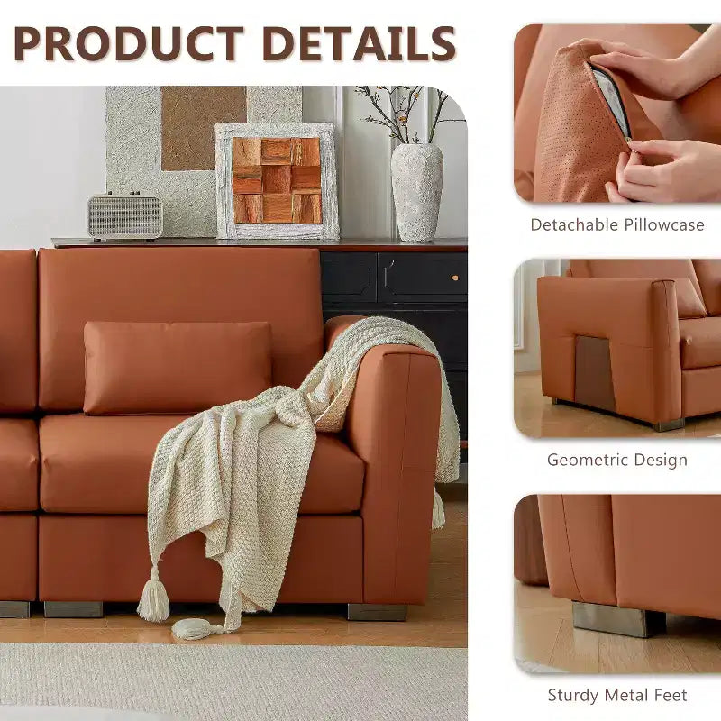 Divano componibile in pelle Mid-Century Modern – Vera pelle arancione, gambe in metallo, 2 cuscini, seduta profonda