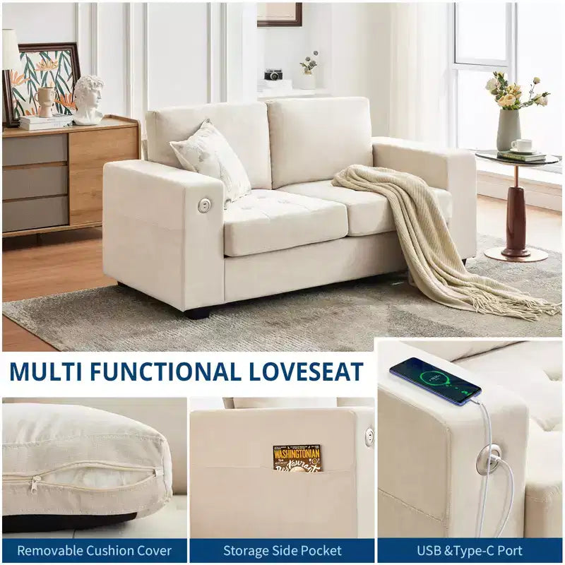 Divanetto a 2 Posti in ciniglia da 70 Pollici con Porte di Ricarica USB, Fodere Rimovibili e Design Trapuntato a Bottoni