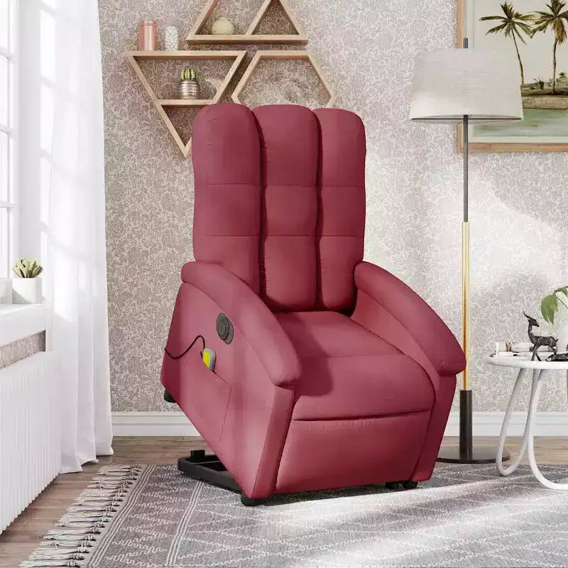 Poltrona reclinabile massaggiante con alzata elettrica – Tessuto rosso vino, alzata assistita motorizzata, vibrazione, Home Theater