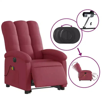 Poltrona reclinabile massaggiante con alzata elettrica – Tessuto rosso vino, alzata assistita motorizzata, vibrazione, Home Theater