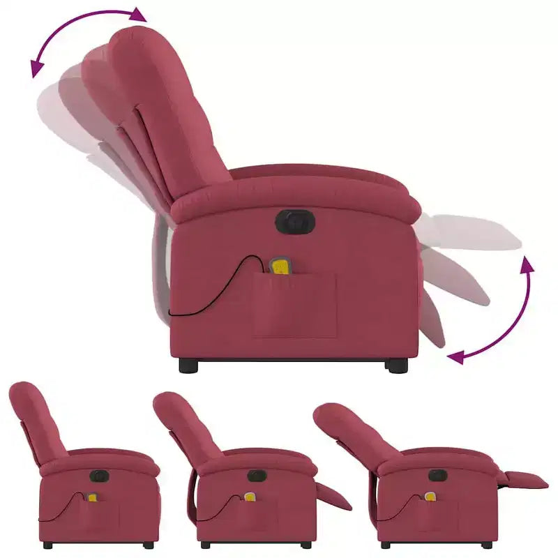 Poltrona reclinabile massaggiante con alzata elettrica – Tessuto rosso vino, alzata assistita motorizzata, vibrazione, Home Theater