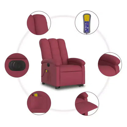 Poltrona reclinabile massaggiante con alzata elettrica – Tessuto rosso vino, alzata assistita motorizzata, vibrazione, Home Theater