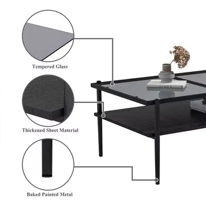 Tavolino da caffè rettangolare moderno con ripiani a giorno e piano in vetro temperato per soggiorno