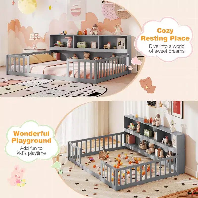 Letto a pavimento Montessori una piazza e mezza/matrimoniale con mensole porta libri e sponde di sicurezza – Bianco/Grigio