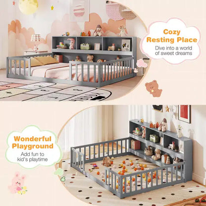 Letto a pavimento Montessori una piazza e mezza/matrimoniale con mensole porta libri e sponde di sicurezza – Bianco/Grigio