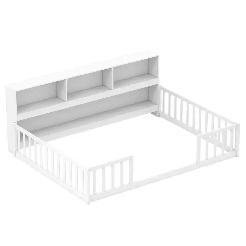 Letto a pavimento Montessori una piazza e mezza/matrimoniale con mensole porta libri e sponde di sicurezza – Bianco/Grigio