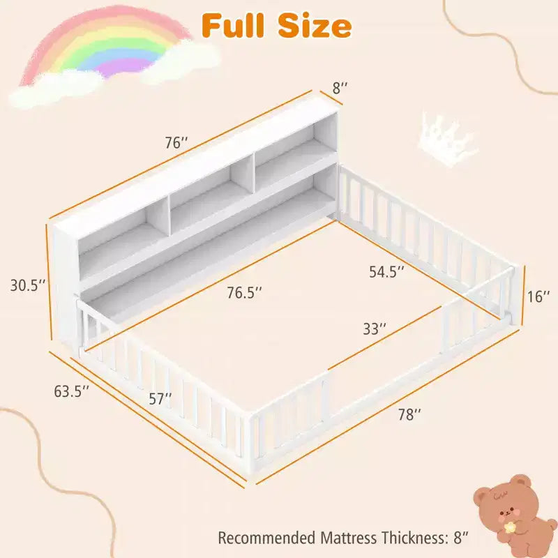 Letto a pavimento Montessori una piazza e mezza/matrimoniale con mensole porta libri e sponde di sicurezza – Bianco/Grigio