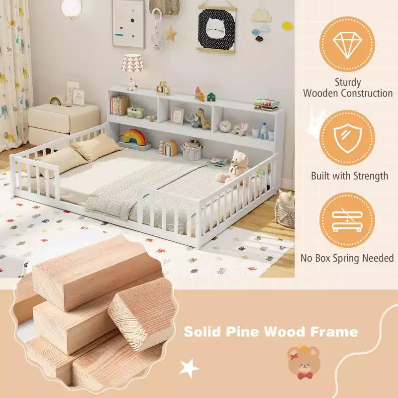 Letto a pavimento Montessori una piazza e mezza/matrimoniale con mensole porta libri e sponde di sicurezza – Bianco/Grigio