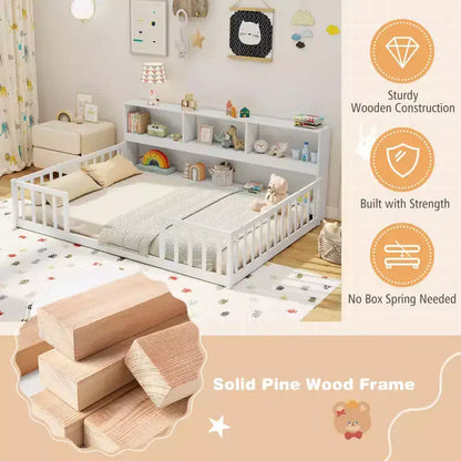 Letto a pavimento Montessori una piazza e mezza/matrimoniale con mensole porta libri e sponde di sicurezza – Bianco/Grigio