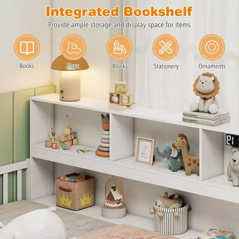 Letto a pavimento Montessori una piazza e mezza/matrimoniale con mensole porta libri e sponde di sicurezza – Bianco/Grigio