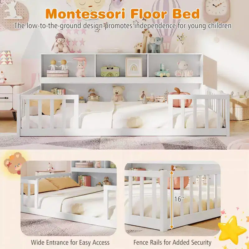 Letto a pavimento Montessori una piazza e mezza/matrimoniale con mensole porta libri e sponde di sicurezza – Bianco/Grigio