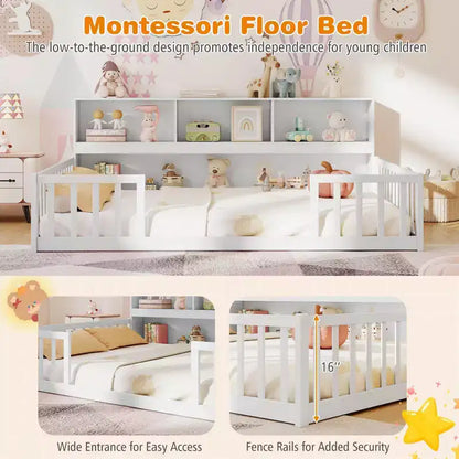 Letto a pavimento Montessori una piazza e mezza/matrimoniale con mensole porta libri e sponde di sicurezza – Bianco/Grigio