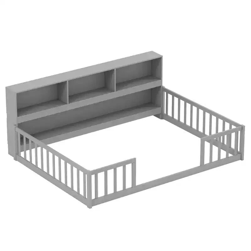 Letto a pavimento Montessori una piazza e mezza/matrimoniale con mensole porta libri e sponde di sicurezza – Bianco/Grigio