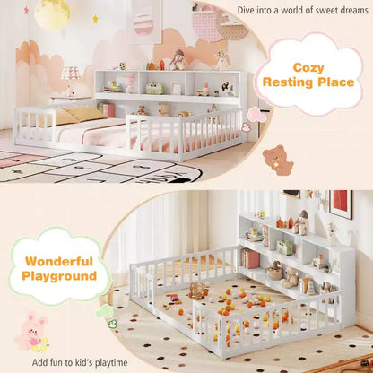 Letto a pavimento Montessori una piazza e mezza/matrimoniale con mensole porta libri e sponde di sicurezza – Bianco/Grigio