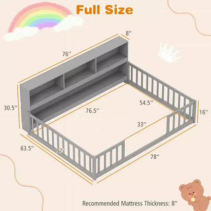 Letto a pavimento Montessori una piazza e mezza/matrimoniale con mensole porta libri e sponde di sicurezza – Bianco/Grigio