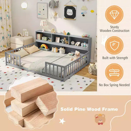 Letto a pavimento Montessori una piazza e mezza/matrimoniale con mensole porta libri e sponde di sicurezza – Bianco/Grigio