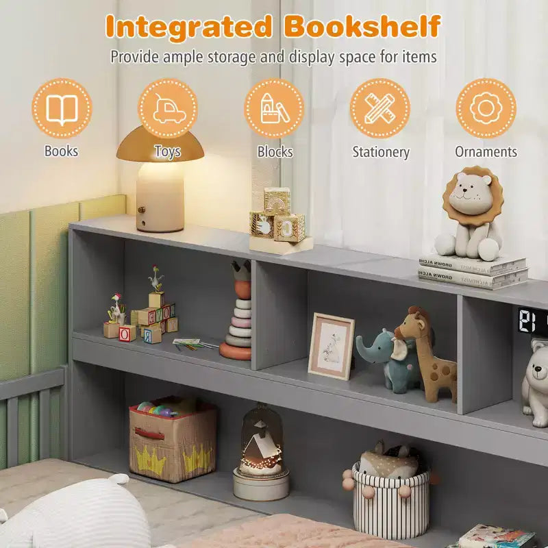 Letto a pavimento Montessori una piazza e mezza/matrimoniale con mensole porta libri e sponde di sicurezza – Bianco/Grigio