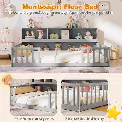 Letto a pavimento Montessori una piazza e mezza/matrimoniale con mensole porta libri e sponde di sicurezza – Bianco/Grigio