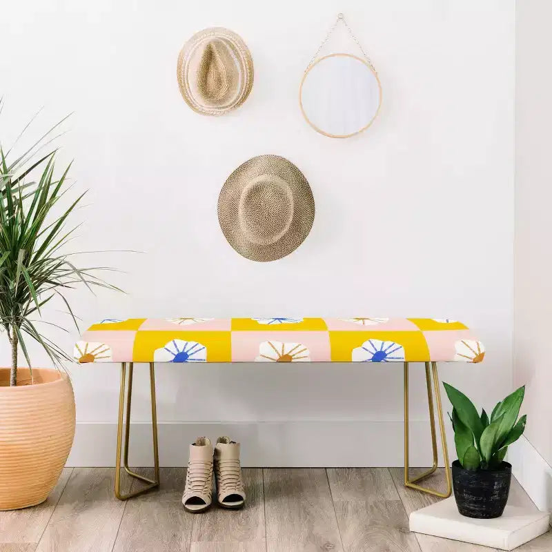 Maritza Lisa White Checkered Flowers Bench Yellow - Deny Designs