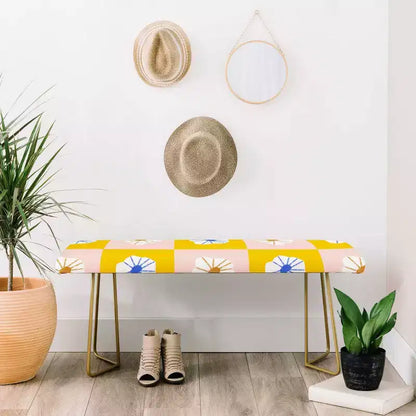Maritza Lisa White Checkered Flowers Bench Yellow - Deny Designs