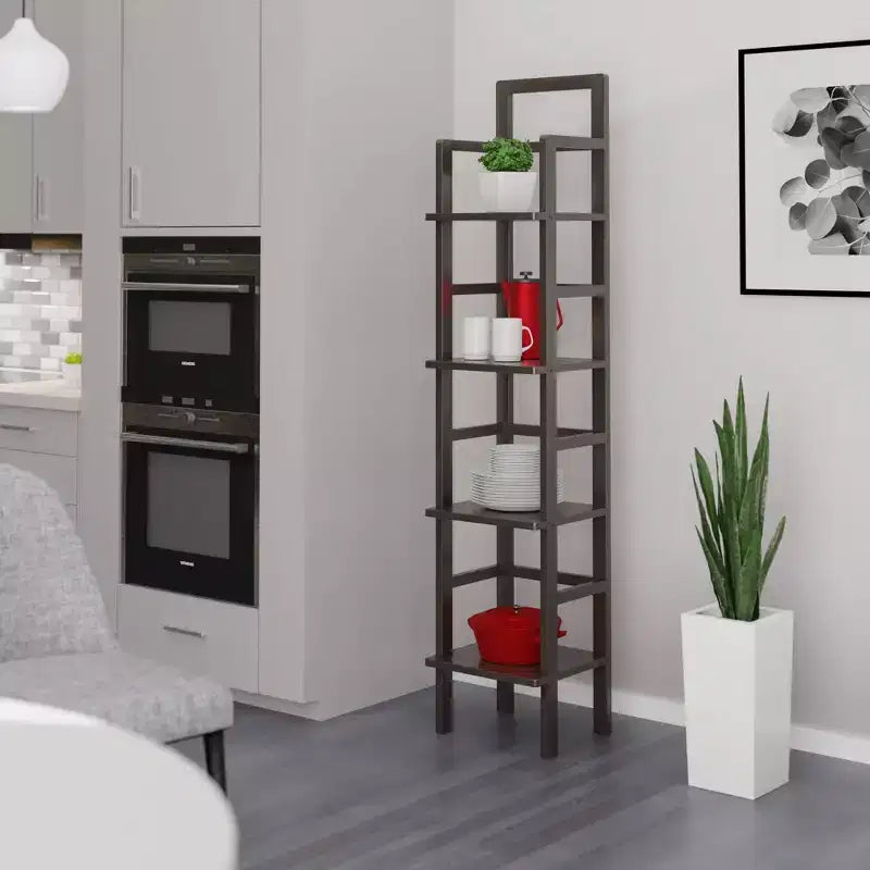 Scaffale stretto per panettiere a 4 ripiani con finitura in legno laccato e ripiani fissi – Caffè