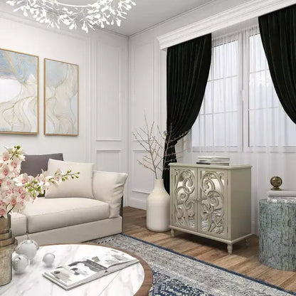 Mobiletto in legno a specchio e a fantasia Glam – Beige con dettagli dorati