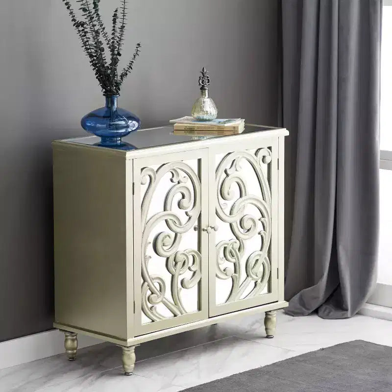 Mobiletto in legno a specchio e a fantasia Glam – Beige con dettagli dorati