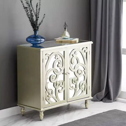 Mobiletto in legno a specchio e a fantasia Glam – Beige con dettagli dorati