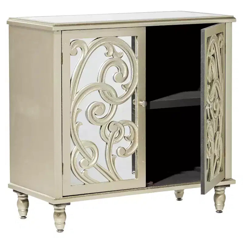 Mobiletto in legno a specchio e a fantasia Glam – Beige con dettagli dorati