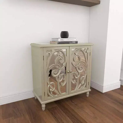 Mobiletto in legno a specchio e a fantasia Glam – Beige con dettagli dorati