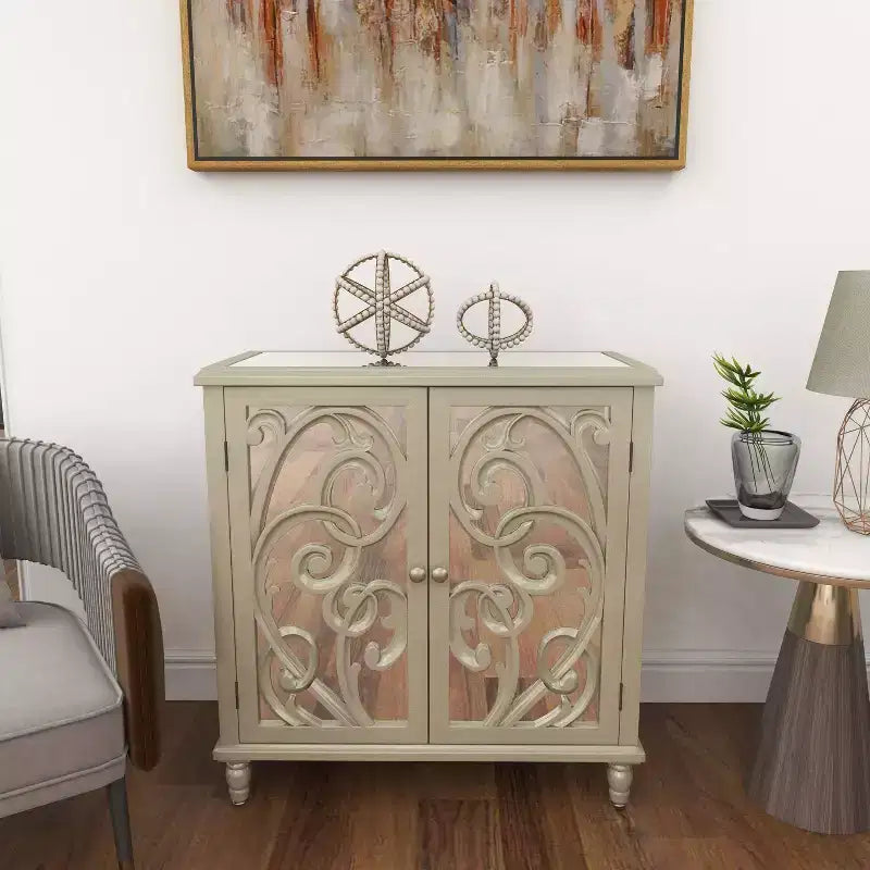 Mobiletto in legno a specchio e a fantasia Glam – Beige con dettagli dorati