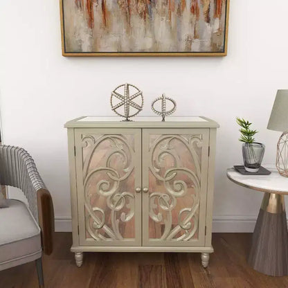 Mobiletto in legno a specchio e a fantasia Glam – Beige con dettagli dorati