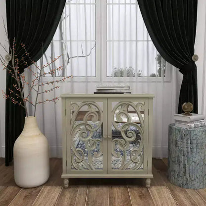 Mobiletto in legno a specchio e a fantasia Glam – Beige con dettagli dorati