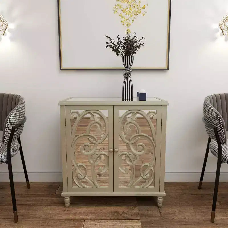 Mobiletto in legno a specchio e a fantasia Glam – Beige con dettagli dorati
