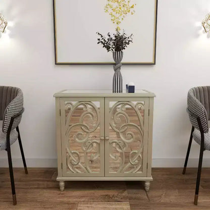 Mobiletto in legno a specchio e a fantasia Glam – Beige con dettagli dorati