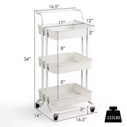 Carrello Avvolgibile a 3 Ripiani con Ruote, Manico e Cestini portaoggetti in ABS – Bianco