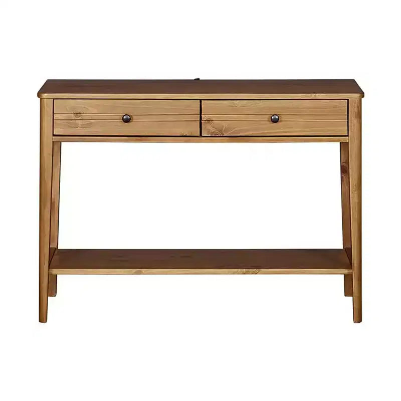 Tavolo Consolle da Ingresso a 2 Livelli in Legno Massello Contemporaneo di Metà Secolo con Cassetti Contenitore – Marrone Miele