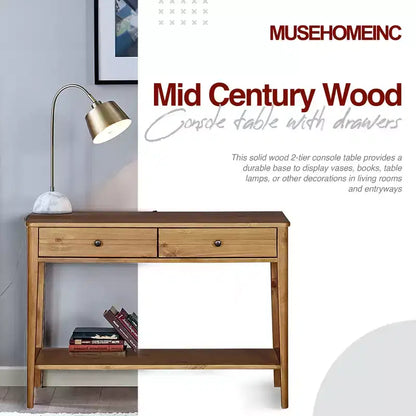 Tavolo Consolle da Ingresso a 2 Livelli in Legno Massello Contemporaneo di Metà Secolo con Cassetti Contenitore – Marrone Miele