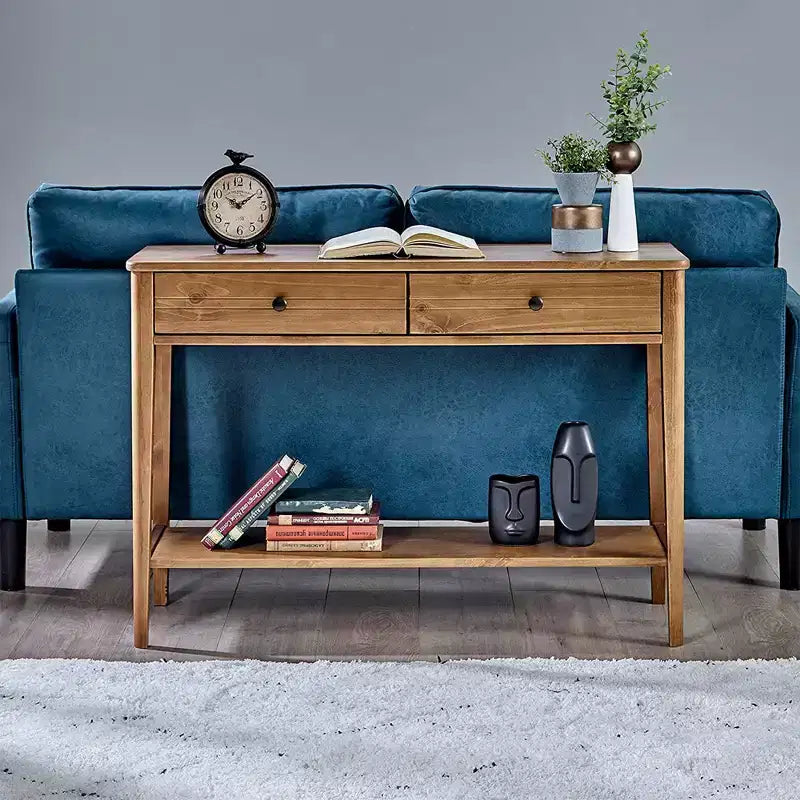 Tavolo Consolle da Ingresso a 2 Livelli in Legno Massello Contemporaneo di Metà Secolo con Cassetti Contenitore – Marrone Miele