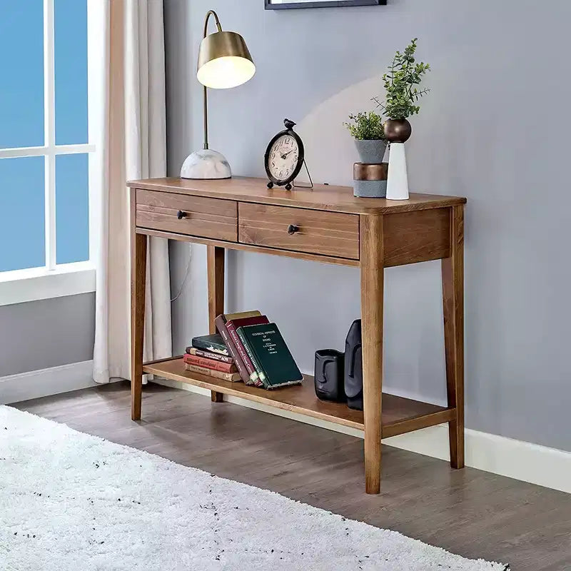Tavolo Consolle da Ingresso a 2 Livelli in Legno Massello Contemporaneo di Metà Secolo con Cassetti Contenitore – Marrone Miele
