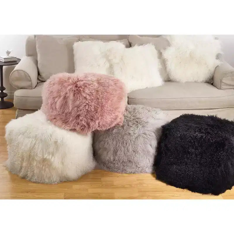 Pouf/ottoman quadrato in vera pelliccia d'agnello 100% lana mongola