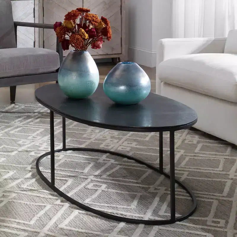 Tavolino ovale industriale moderno in ferro e alluminio invecchiato nero 48x24 – Piano con placcatura anticata