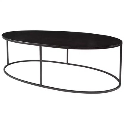 Tavolino ovale industriale moderno in ferro e alluminio invecchiato nero 48x24 – Piano con placcatura anticata