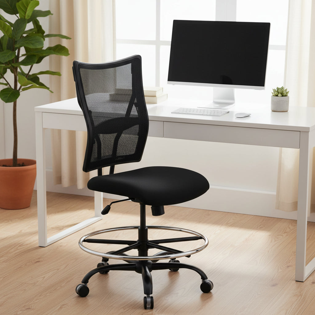 Emma and Oliver 400 lb. Big & Tall Black Mesh Ergonomic Drafting Chair