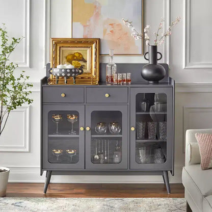 Credenza Mid-Century Hudson con ante in vetro e cassetti contenitore