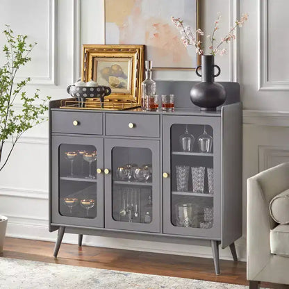 Credenza Mid-Century Hudson con ante in vetro e cassetti contenitore