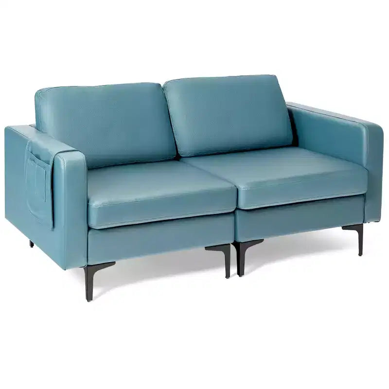 Costway Modern Loveseat Leathaire Fabric 2-Seat Sofa Couch w/ Side Storage Pocket