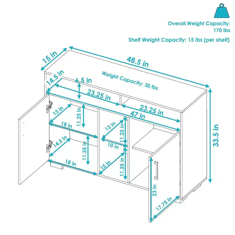 Mobile Buffet per Interni con Ripiani Aperti e Ante Chiuse – 123 cm
